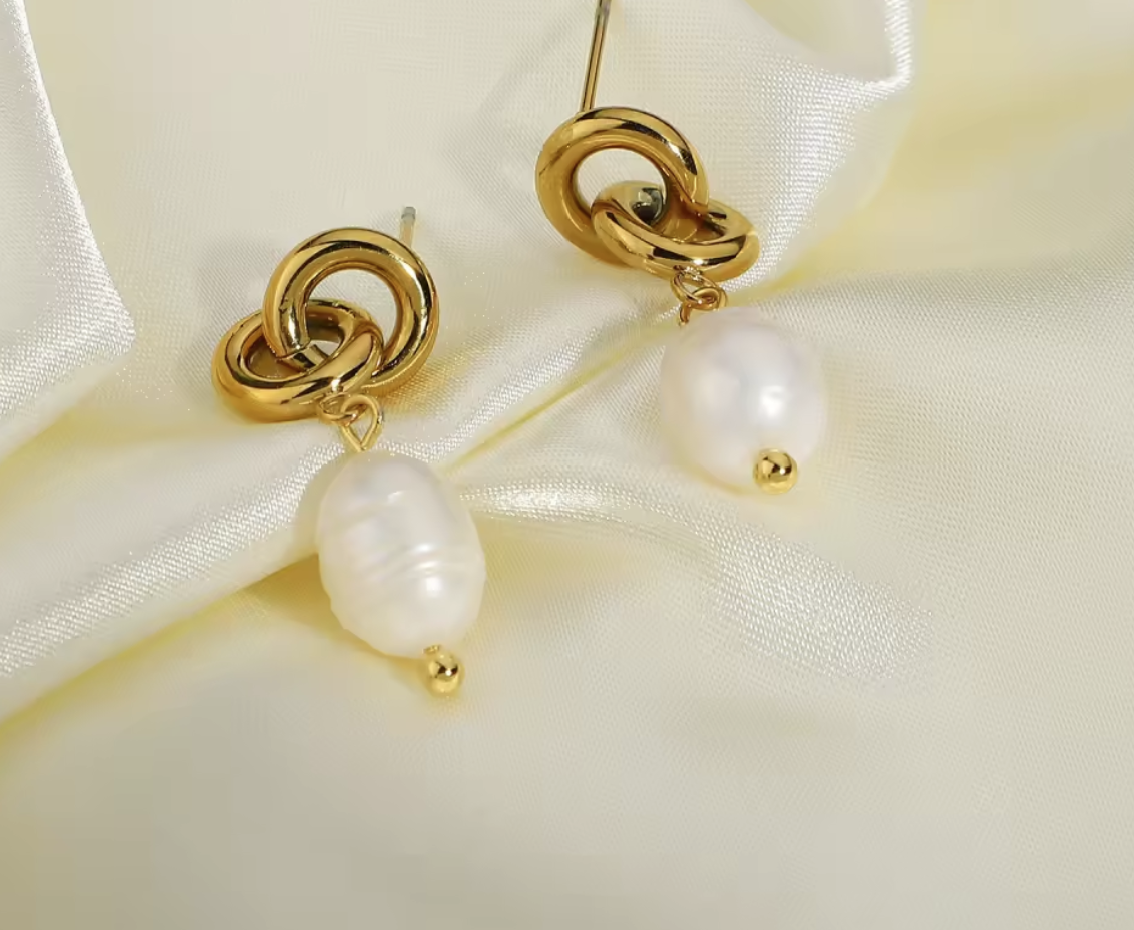 Golden Baroque Pearl Hoops Earrings